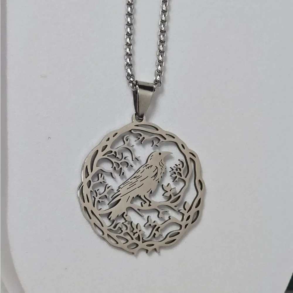 Stainless Steel Raven Crow Tree of Life Pendant Necklace 24
